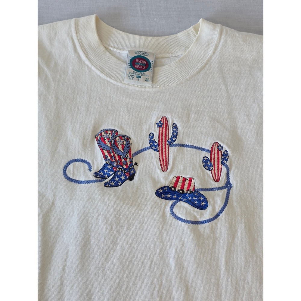 Vintage T-Shirt Western Embroidered Patriotic Size XL White Cowboy USA Americana